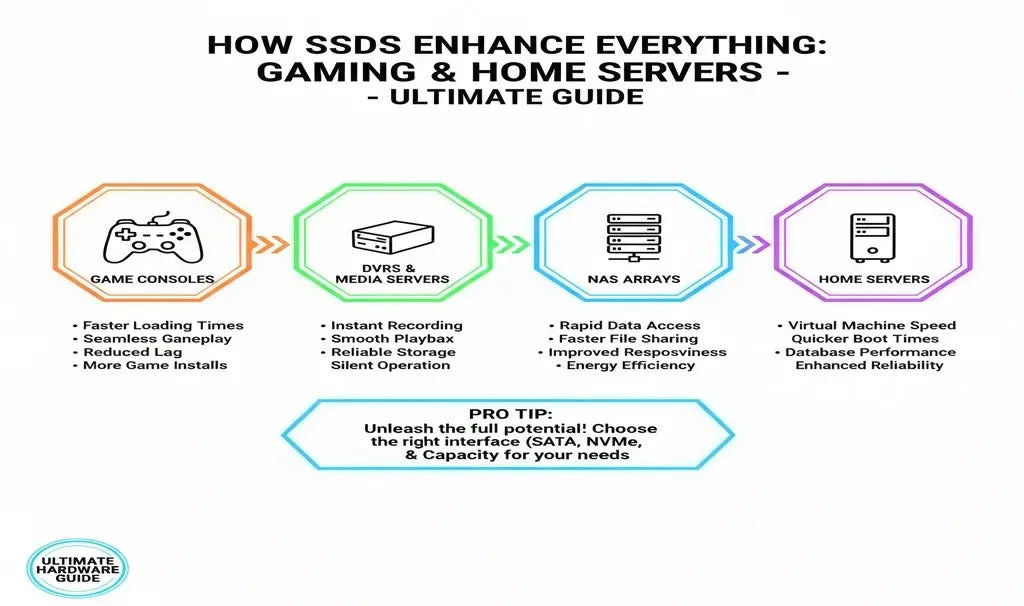 How SSDs enhance gaming consoles, DVRs, NAS arrays and home servers infographic