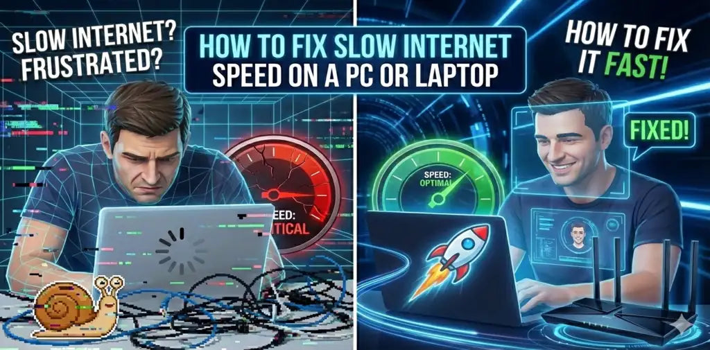 How to fix slow internet speed on a PC or laptop showing before and after performance improvement