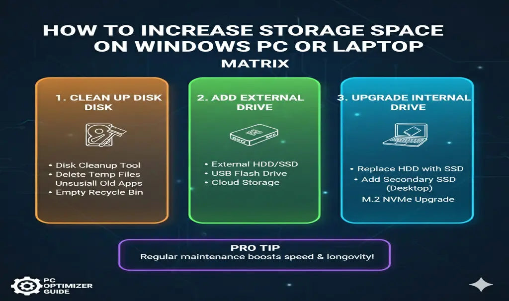 Steps to increase storage space on a Windows PC or laptop with disk cleanup, external storage, and SSD upgrades
