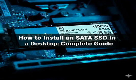 Close-up view of a Matrix SATA SSD installed inside a desktop motherboard for the guide on how to install an SATA SSD in a desktop.