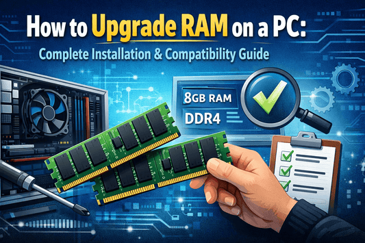 Featured blog graphic for a guide on upgrading PC RAM, showing an open desktop computer, a hand holding two RAM sticks, and visual cues like “8GB DDR4,” a checkmark, and a checklist to represent installation steps and compatibility.