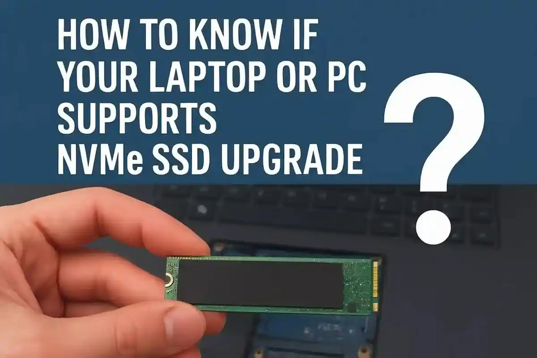 A person holding an NVMe SSD in front of an open laptop with text overlay that reads 'How to Know If Your Laptop or PC Supports NVMe SSD Upgrade?' with a large question mark.
