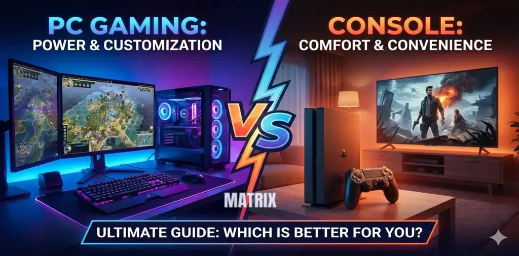 PC gaming vs console gaming comparison showing desktop gaming setup and console system to decide which is better for performance, customization, and comfort