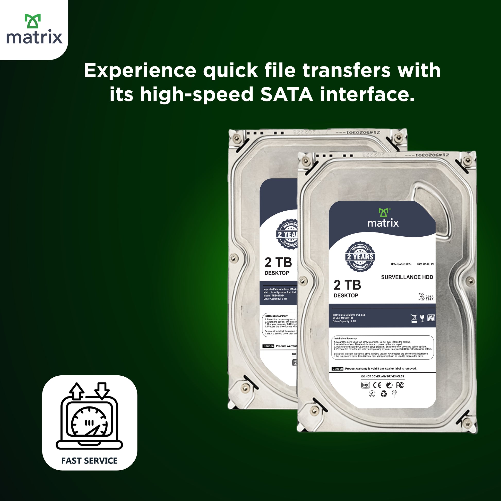 Matrix 2TB Internal SATA Hard Disk Drive High-Speed 7200RPM HDD for Desktop