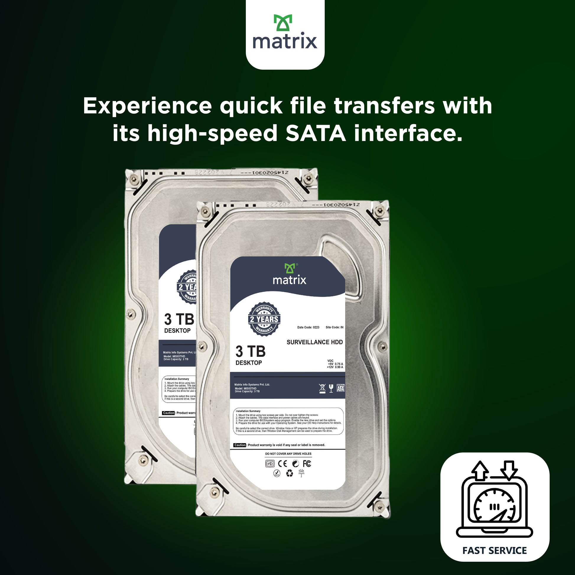 Matrix 3TB Internal Hard Disk Drive inch High-Speed 7200RPM HDD, 2-Year Warranty
