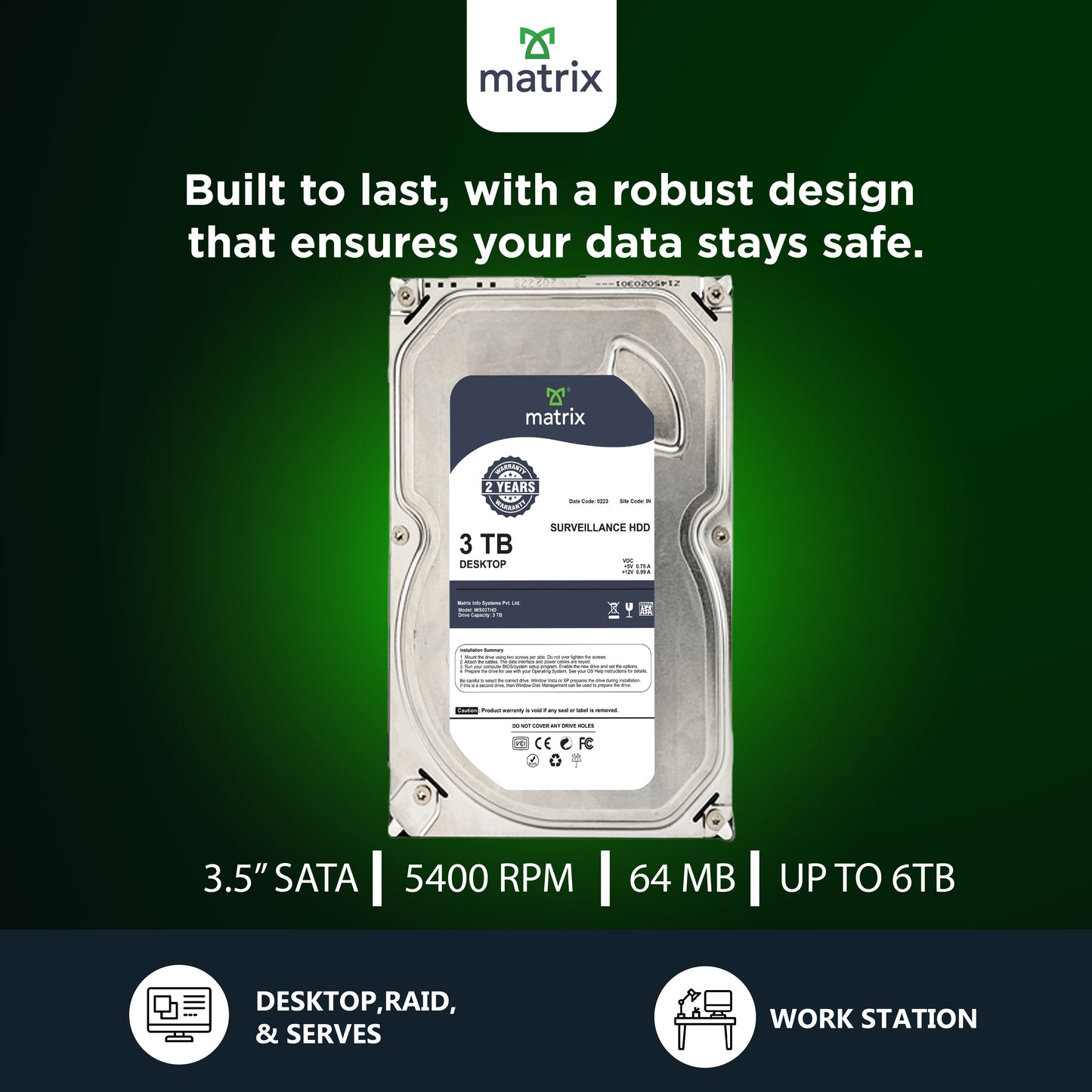 Matrix 3TB Internal Hard Disk Drive 3.5 inch - High-Speed 7200RPM HDD, 2-Year Warranty