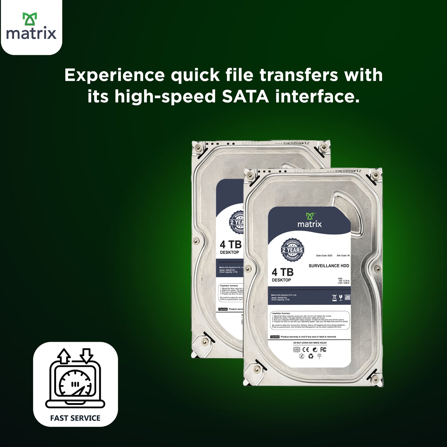 Matrix 4TB Internal Hard Disk Drive 3.5 inch - High-Speed 7200 RPM SATA HDD for Desktop